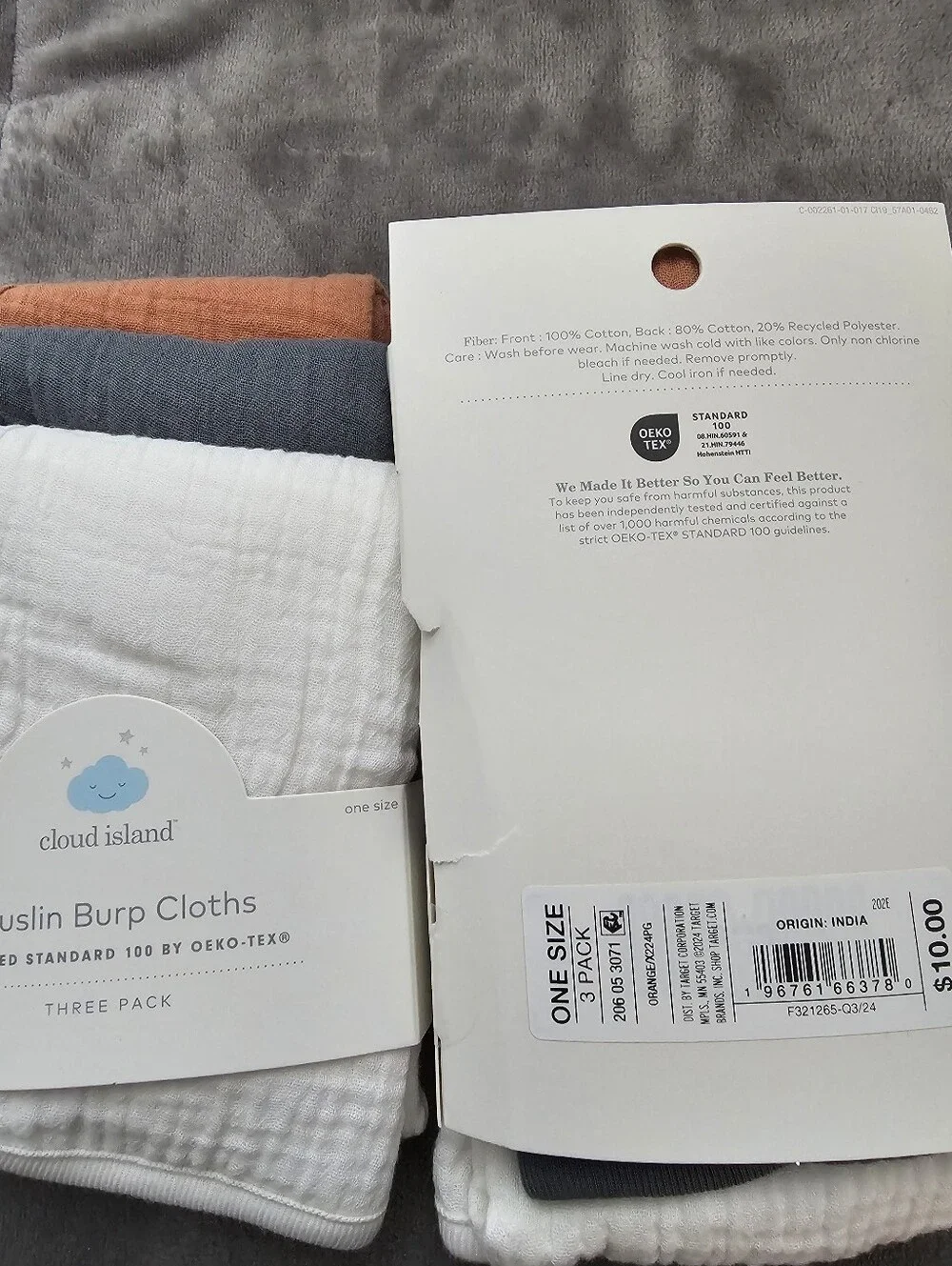 cloud island Muslin Burp Cloths - White, Charcoal, Rust 2 Packs Of 3. New